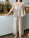 Summer Floral Suspender V-neck Tops+Loose Pants Two-Piece Pajama Set Women's Casual Simple Thin Home Sleepwear With Chest Pads