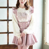 Dermearne Japanese Gothic Lolita Ribbon Bow Diamond Pearl Buckle Removable Short Suspender Skirt Girls Sweet Cute Lace A-Line Mini Skirts
