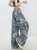 Y2K Ripped Floral Printed Jeans for Women Harajuku High Waisted Denim Pants Female Retro Casual Streetwear Trousers