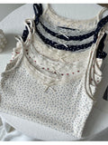 Dermearne Floral Eyelet Sweet Slim Tank Tops Women Lace Trim Bow Cotton Sleeveless Summer Camisole Female Preppy Style Cute Slim Crop Top