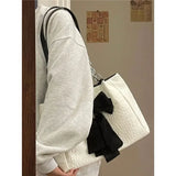 Dermearne Crossbody Bags For Women Korean New Big Bowknot Tote Canvas Summer High Capacity Cute Simple Luxury Elegant Bark Texture