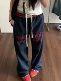 Vintage Women Sweatpants Baggy Korean Preppy Style Retro Trousers Streetwear Y2k Letter Printed Wide Leg Patchwork Pants