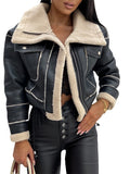 Dermearne Women PU Faux Fur Leather Jacket Faux Fur Open Front Casual Furry Collar Lapel Short Parka Coat Warm Cardigan with Belt Outwear