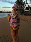Fashion Striped Knitted Cardigan Women Elegant Long Sleeve Rainbow Color Loose Sweater 2024 New Autumn Female High Streetwear
