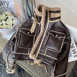 Dermearne Black Lambswool Jacket Winter Thickened Plus Velvet Motorcycle Faux Leather Stitching Coat PU Plush Cardigan Stand Collar Tops