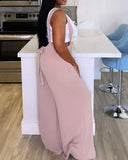 Casual Pink Overalls for Women 2024 Summer Sleeveless Drawstring Wide Leg Suspender High Waist Pocket Design Women's Jumpsuit