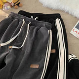 Fall Striped Corduroy Sweatpants Women Winter Thick High Waist Drawstring Wide Leg Trousers Y2K Korean All-Match Straight Pants