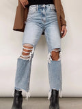 Summer Women High Waist Ripped Jeans Lady Stretch Skinny Light Blue Baggy Pants Loose Straight Leg Streetwear Vintage Trousers