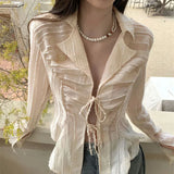 Y2K 2000s Irregular Shirts Women Streetwear Sexy V Neck Bandage Blouses Summer Korean Fashion Long Sleeve Slim Tops New