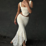 Elegant Lace Two Piece Set Women Irregular Long Skirt And Corset Top French Style Bodycon Dress Matching Sets