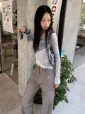 Y2k See Through Mesh T Shirts Women Lace Patchwork Plaid Crop Tops Female Harajuku Fashion Aesthetic Long Sleeve Tees