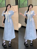 Large French Striped Fat Mm Dress with Elegant Design Summer Bow Skirt Looks Slim and Cinched Waist Blue Tie