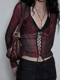 Coquette Sexy Tie Dye Mesh Tops Women Y2k Bandage Crop T Shirts Harajuku Gothic Grunge Aesthetic V Neck Long Sleeve Tees