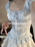 Dermearne Summer New Elegant Sweet Square Collar Lace Up Blouses Ruffles Shirts Women Y2k E-Girl Short Sleeve Slim Fit Tops Mujer