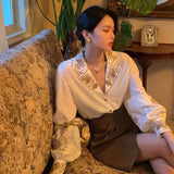 French Vintage Shirts Women Elegant Embroidery Blouses Office Lady Korean Lantern Long Sleeve All Match Tops Spring New