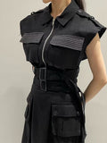 Women Suits Zipper Sleeveless Jacket Vest +High Waist Lace-up Split Pocket Mid-calf Skirt Summer New Tide Streetwear