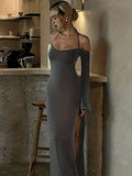 Women 2024 Spring Autumn Long Sleeve Streetwear Club Basic Bodycon Black Long Dress Wholesale Items For Business D371346