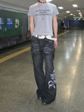 DERMEARNE American Retro Flared Jeans Harajuku Wide Leg  Y2k Gothic Vintage Embroidery Women's Denim Pants Baggy Hip Hop Streetwear