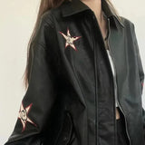 Streetwear Pu Leather Jackets Women Oversized Embroidery Coat Harajuku Vintage Turn Down Collar Loose Casual Outwear Tops