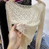 Sexy and slightly transparent black lace shirt women long sleeved 2024 Spring and Autumn New slim fit inner layer with mesh