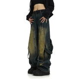 American New Heavy Industry Old Washed Jeans Deconstruction Splicing Women Y2K Harajuku Vintage Straight Wide-leg Pants Women