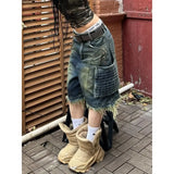 Trendy American Retro Oversized Big Pocket Workwear Cropped Pants for Women High Street Straight Tube Loose Wide Leg Short Jeans