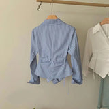 Dermearne Designed Fall Women Shirts Elegant Striped Irregular Blue OL Tops Fashion Korean Tunic Female Long Sleeve Shirt New