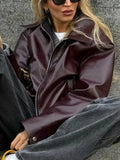 Dermearne Fashion Solid Lapel Leather Jacket Women Vintage Loose Long Sleeve Zipper Pu Coat 2024 New Chic Female High Street Outerwear