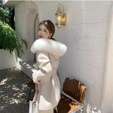 Luxury Loose  Autumn Winter Fox Fur Collar Hooded Wool Cashmere Coat Women's Mid-length Woolen Jacket Outerwear Streetwear