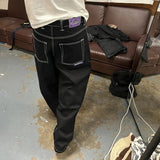 Streetwear Washed Vintage Black Letter Logo Baggy Jeans Pants for Men and Women Straight Solid Loose Casual Denim Trousers