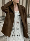 Vintage Women' Jacket 2024 Autumn Long Sleeve Turn-down Collar Loose Femael Coats Fashion Single Breasted Casual Suede Lady Coat