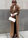 Vintage Turn-down Collar Long Coats With Belts Women Casual Double-Breasted Shoulder Pads Maxi Coat Autumn Elegant Chic Outwear