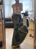 Retro Distressed Burrs Tassels Denim Skirt Lady Long Fishtail Skirts Large Swing 2024 Spring Summer Holiday Faldas Mujer Moda