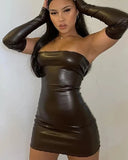 Y2K Leather With Gloves Dress Women's Backless Sexy Low Cut Clubwear Skinny Evening Party Bodycon Mini Dresses Female