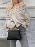 Women's Oversize Knit Sweater Fall Winter Solid Color Slim Long Sleeve Boat Neck Off Shoulder Pullovers Casual Jumpers Streewear