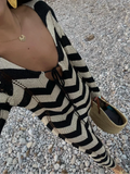 2024 Elegant Hookflower Striped Knitted Long Dress Women V-neck Hollow Out Lace Up Long Sleeve Vestido Lady Vacation Robes
