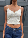 Floral Print Vintage Tank Tops Woman Summer Buttons O-Neck Lace Trim Sleeveless Vests Casual Vintage Y2k Crop Top Chic 2024