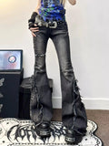 Dermearne Women's Black Gothic Baggy Flare Jeans Harajuku Y2k Aesthetic Denim Trousers Punk Jean Pants Vintage 2000s Trashy Clothes 2024