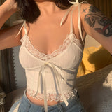 Y2K Lace Trim Short Top Aesthetic White Bow Sweet Sweet Mini Basic Crochet Tee Shirt Casual Women Summer Backless Beach