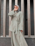 DERMEARNE Ramadan Eid Two Piece Sets Shirt &Pants Women Muslim Suits Shirt Blouse Musulman Ensembles Moroccan Kaftan Islamic Outfit Sets