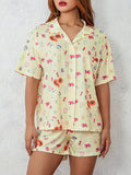 Dermearne Women’s 2 Piece Y2K Pajamas Set Short Sleeve Fruit Floral Print Button Down Shirt Shorts Set Sleepwear Loungewear