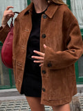 Vintage Brown Lapel With Pocket Jacket Women Fashion Long Sleeves Single Breasted Coat 2024 New Autumn Lady Commuting Streetwear