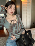 Vintage Striped Cotton T Shirts Women Japanese Style Y2k Bandage Crop Tops Trendy 2000s Casual Long Sleeve Tees Female New