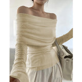 Women Knitwear Elegant Sweater Long Sleeve Slash Neck Solid Off Shoulder Thin Pullovers Office Lady Tops Fall Winter
