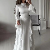 Autumn new round neck flared sleeve ultra long dress women fashion white high waist patchwork dress women casual party dinner dr