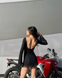 DERMEARNE Sexy Female Short Dress Solid Color Long Sleeve Backless Fashion Black Skin Friendly Club Streetwear