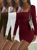 DERMEARNE Sexy Square Neck Wrap Chest Elastic Slim Bodycon Dress Women Solid Color Long Sleeve Skinny Mini Evening Dress Club Party