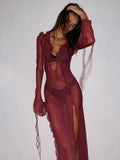 DERMEARNE Sexy V neck Perspective Ruffle Drawstring Tight Maxi Dresses For Women 2025 Spring Summer Elegant Side Split Party Vestido A1942