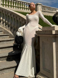 DERMEARNE Sexy Women Dresses Knitted Hollow Out Maxi Dress Flare Sleeve Hip Bodycon Beach Dress Female 2024 Summer Lady Robe Long Vestidos