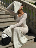 DERMEARNE Sexy Women Dresses Knitted Hollow Out Maxi Dress Flare Sleeve Hip Bodycon Beach Dress Female 2024 Summer Lady Robe Long Vestidos